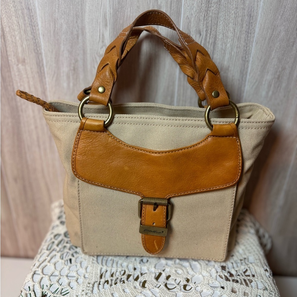 Eddie Bauer Elegant Tan Canvas and Brown Leather Shoulder Bag Satchel Purse Tote